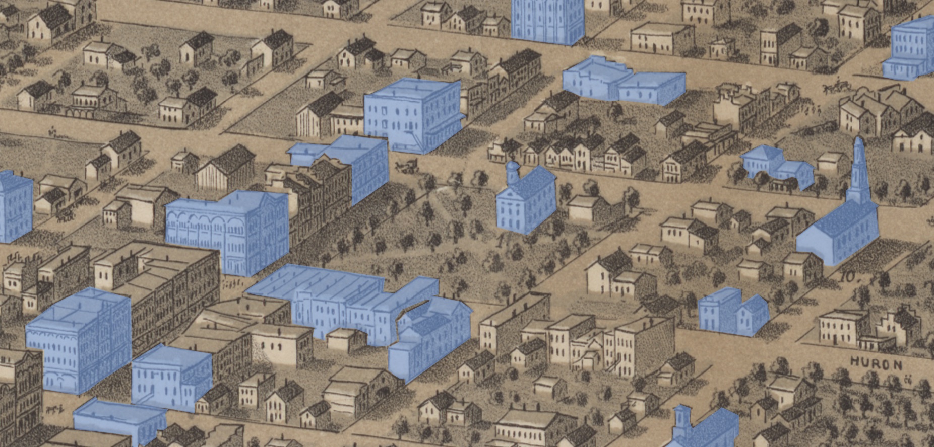 A zoomed-in portion of the 1866 map showing highlighted buildings
